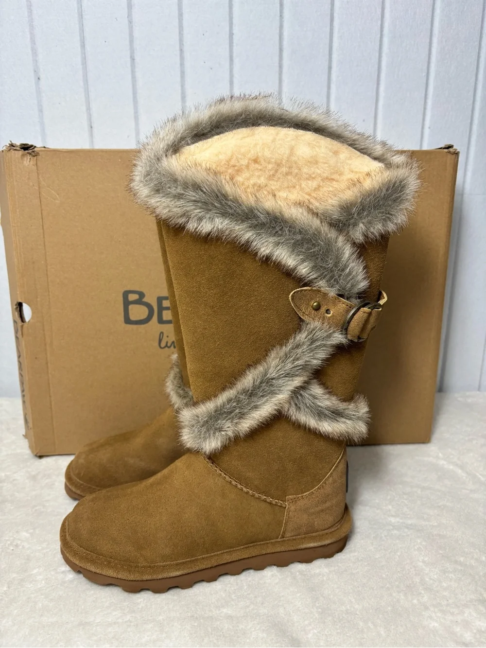 BearPaw Chestnut Suede Faux Fur Trim‎ Tall Boots Size 5